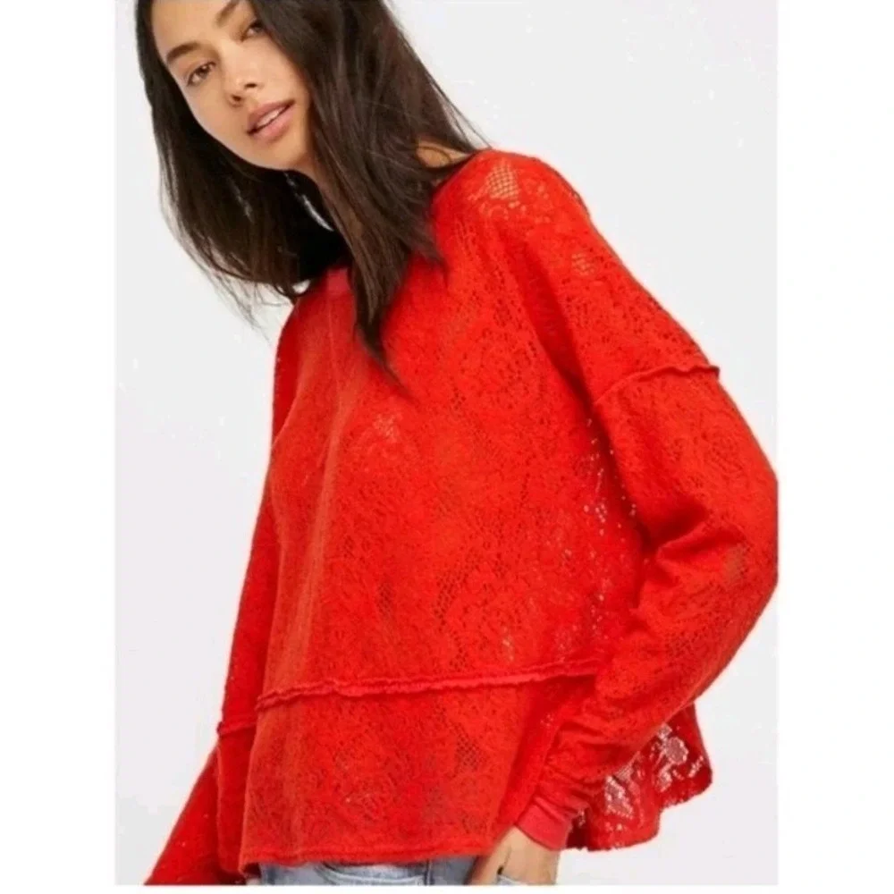 Free People Orange Not Cold In This Lace Oversized Boho Casual Top Sweater Sz S